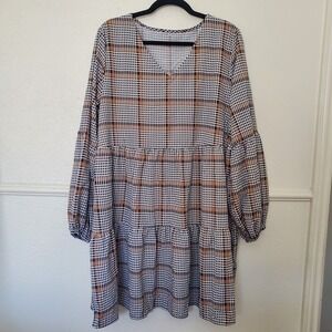 Women's XL Plaid Houndstooth Tiered Babydoll Mini Dress Long Balloon Sleeve